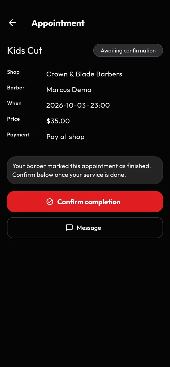 VIB appointment screen where a client confirms the service is complete, with Confirm completion and Message buttons