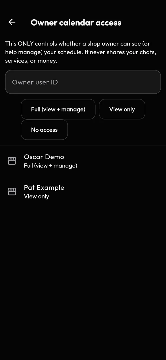 VIB Owner calendar access screen with full, view-only and no-access choices