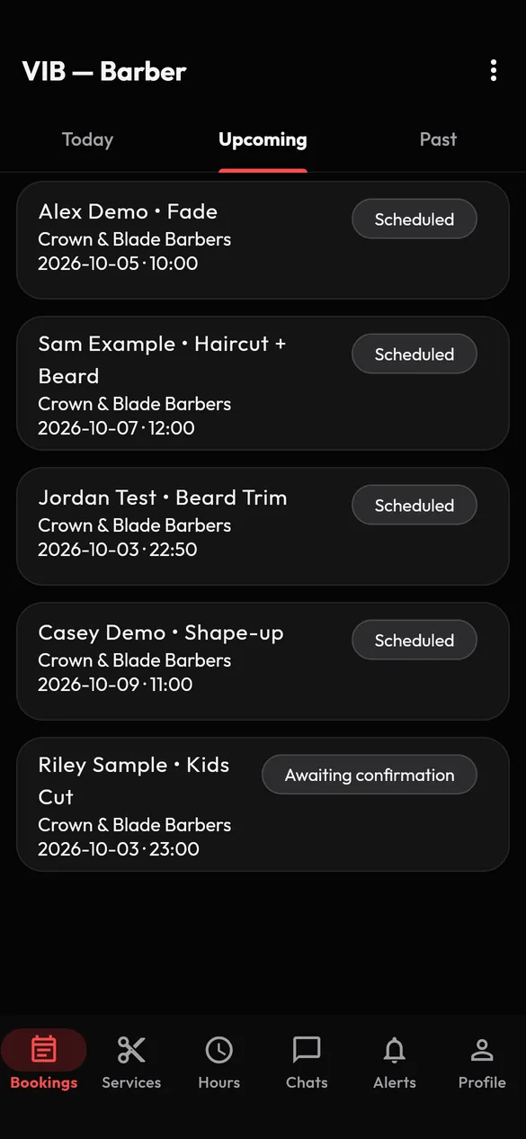 VIB barber Bookings screen with Today, Upcoming and Past tabs and appointment cards