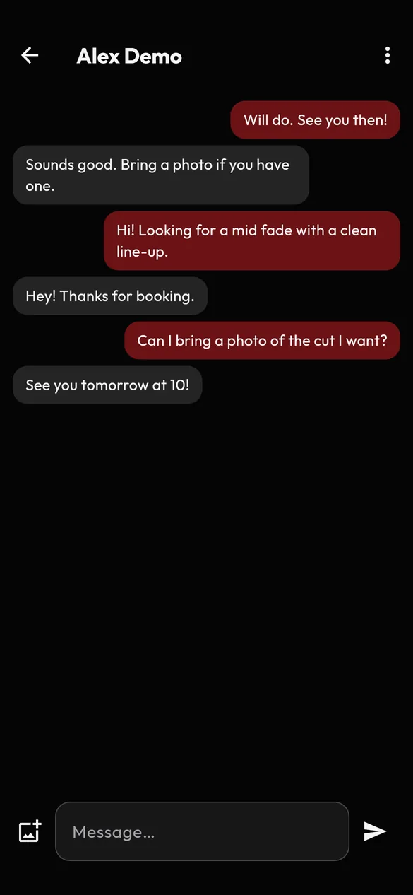 VIB chat screen with a conversation between a barber and a client