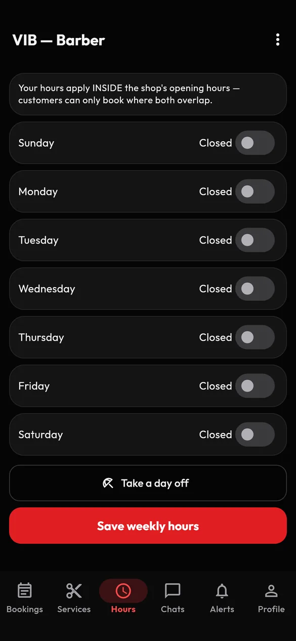 VIB barber weekly hours screen with an open or closed switch for each day