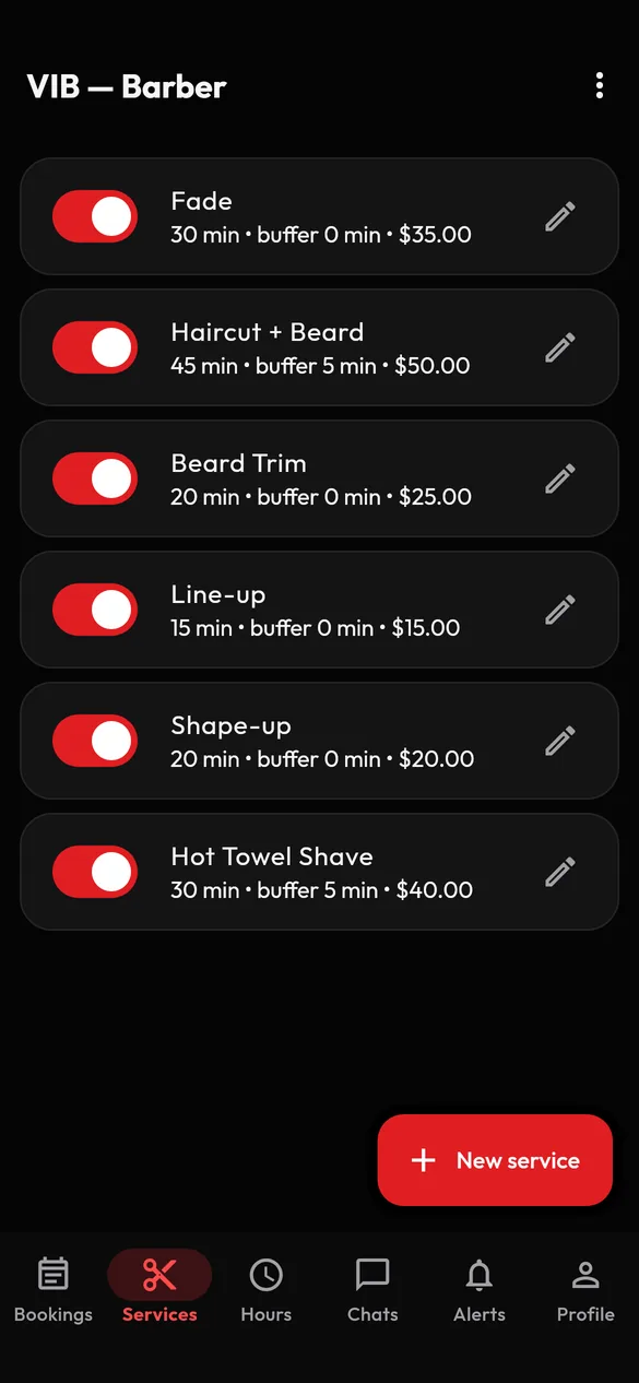 VIB barber Services screen listing each service with its duration, price and an on or off switch
