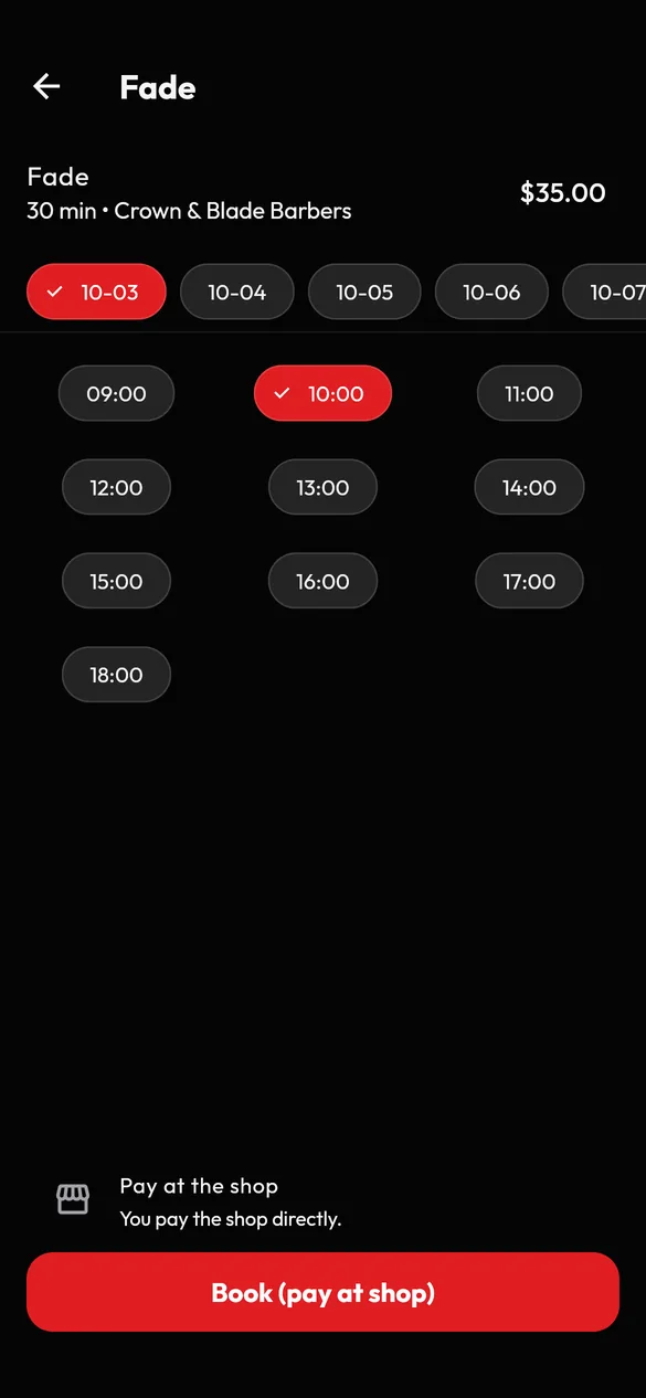VIB booking screen with date chips, open time slots with one selected, and a Book button that says the shop is paid directly
