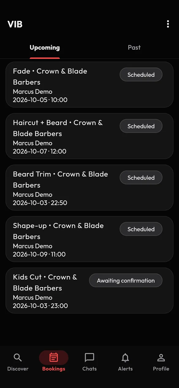 VIB Bookings screen listing upcoming appointments with their status