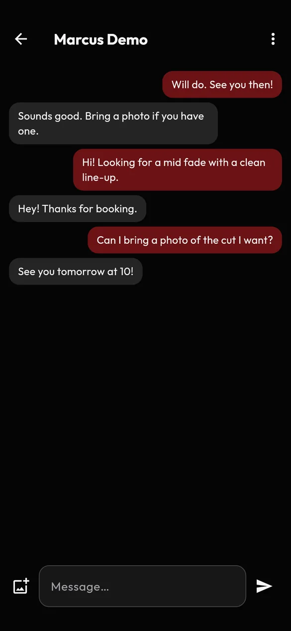 VIB chat screen with a conversation between a client and a barber