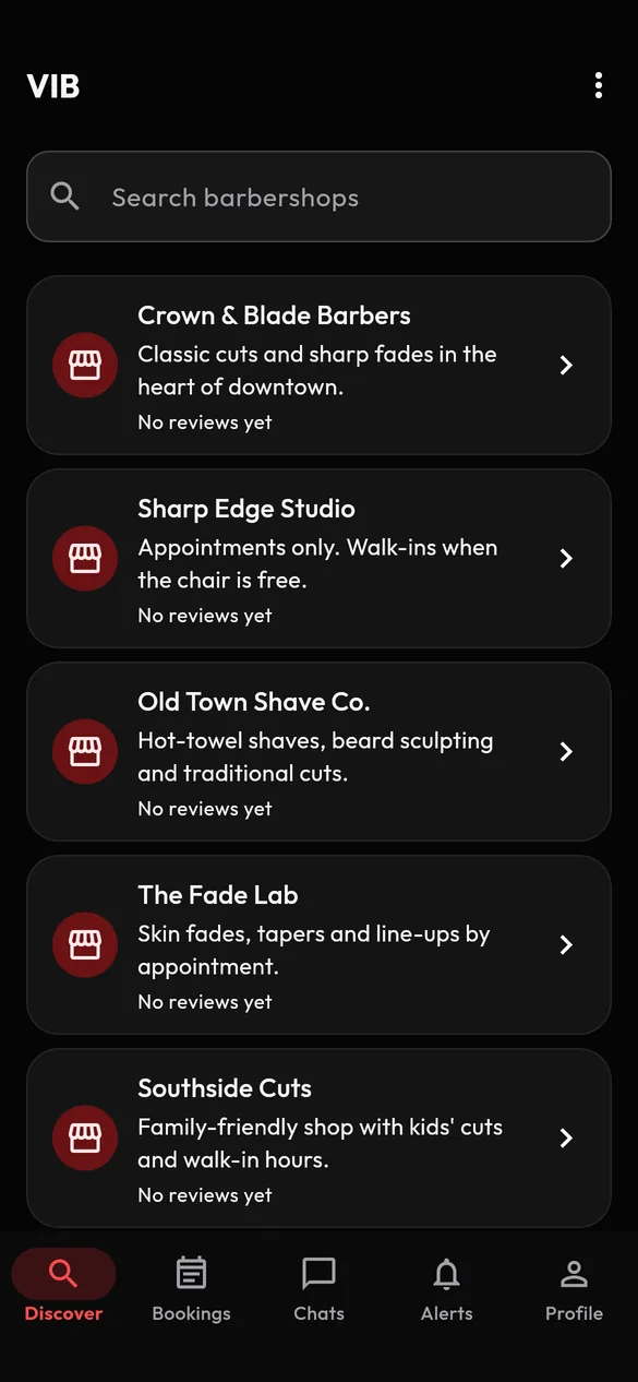 VIB Discover screen with a search box and a list of barbershops with short descriptions