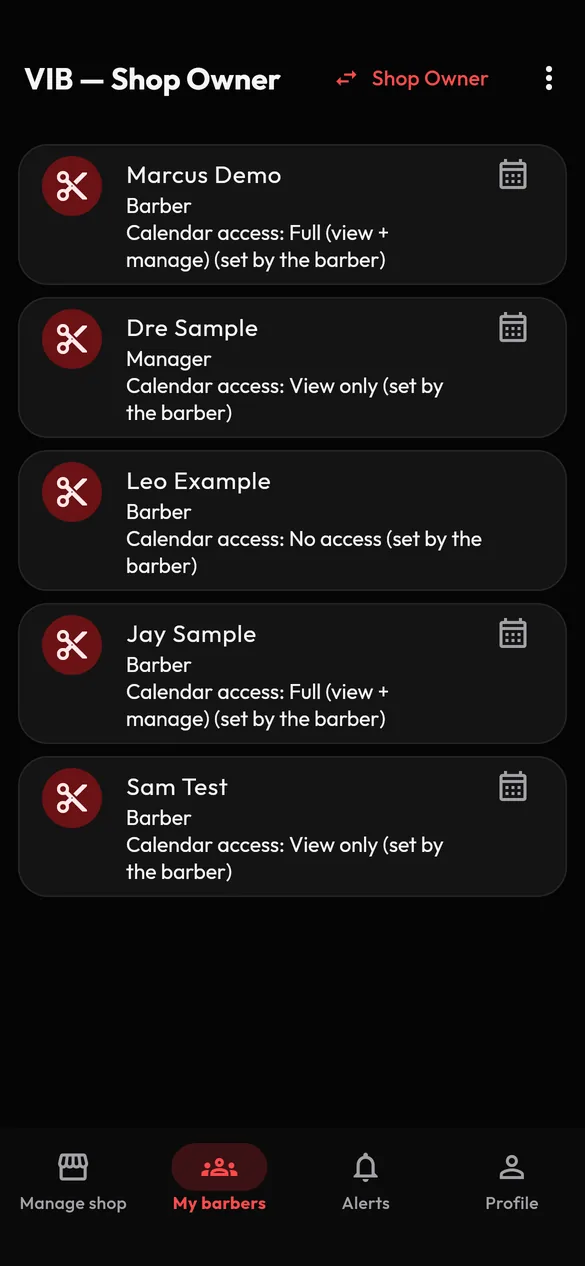 VIB My barbers screen listing team members and the calendar access each barber has chosen