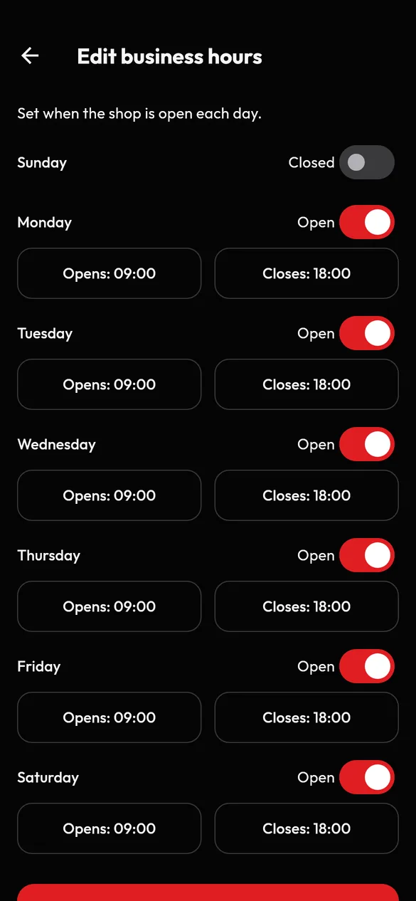 VIB Edit business hours screen with an open or closed switch and opening and closing times for each day