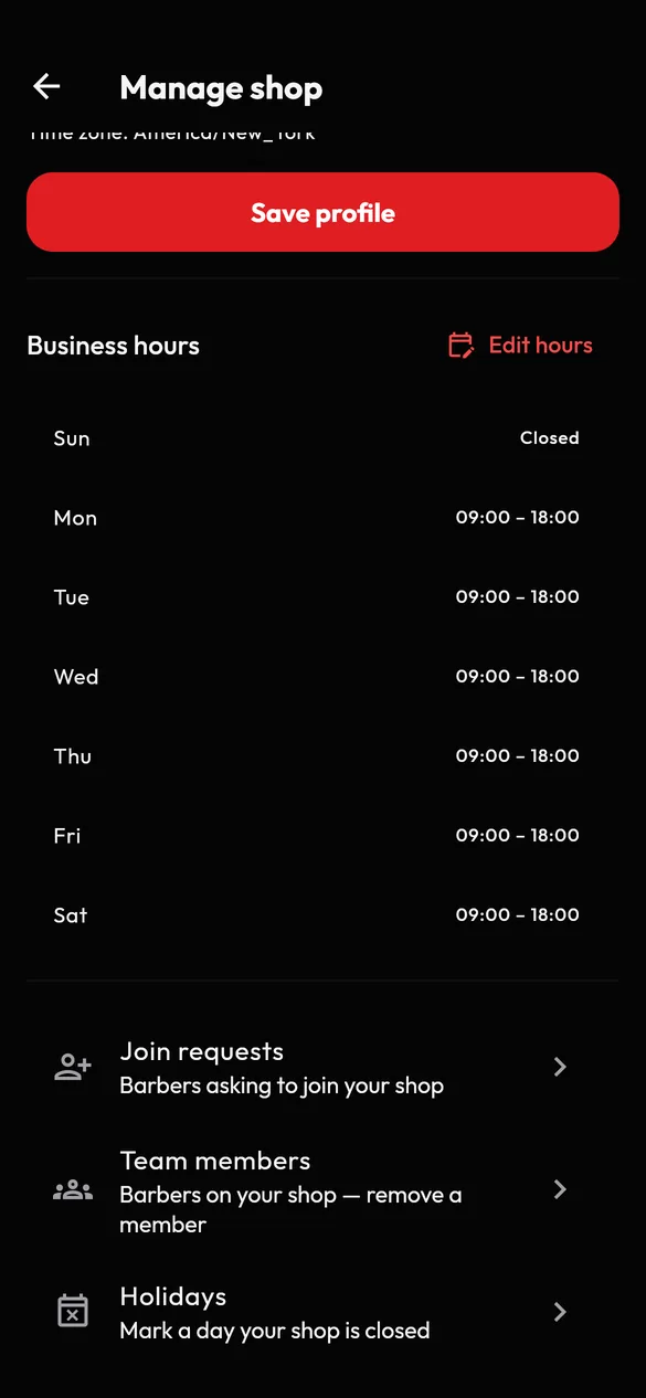 VIB Manage shop screen with business hours and links to join requests, team members and holidays