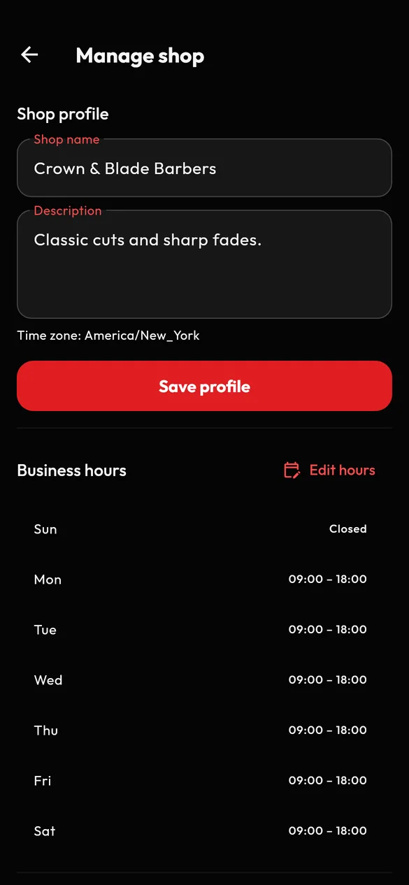 VIB Manage shop screen with the shop profile and a Save button