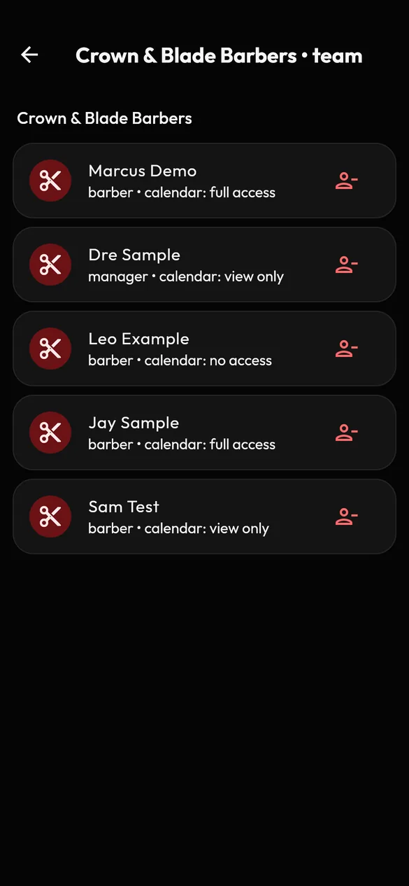 VIB team screen listing the barbers in a shop with the calendar access each has chosen